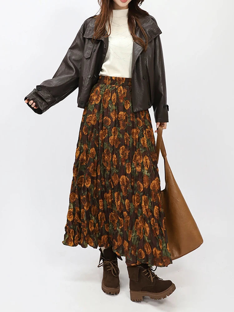 Autumn Rose Pleated Maxi Skirt-SimpleModerne