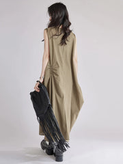 Sleeveless Khaki Cargo Maxi Dress with Pockets – Minimal Utility Style-SimpleModerne