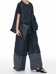 Color Block Wide-Leg Denim Trousers – Relaxed, Two-Tone Edge-SimpleModerne