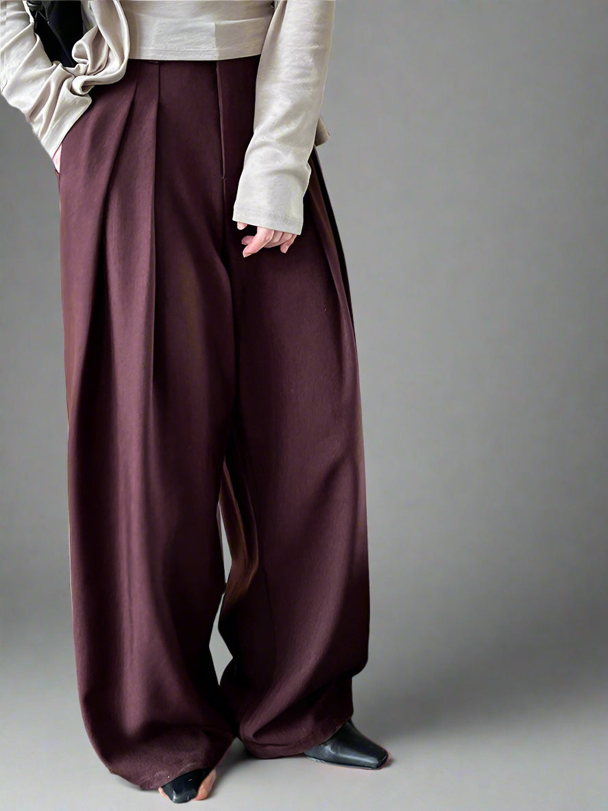 Sculpted Drape Wide-Leg Trousers – Gray or Wine Red-SimpleModerne