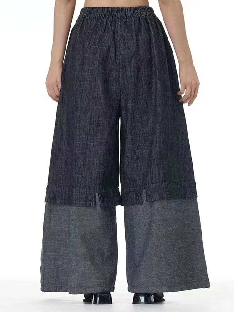 Color Block Wide-Leg Denim Trousers – Relaxed, Two-Tone Edge-SimpleModerne