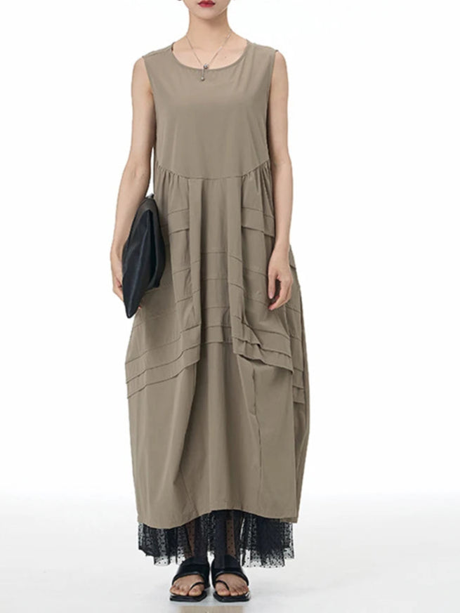 Layered Asymmetrical Sleeveless Maxi Dress – Khaki Cotton Blend | Casual Summer Style-SimpleModerne