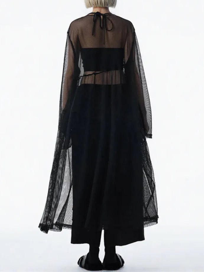 Sheer Drama Mesh Overlay Dress – Layered Elegance in Black, White & Pink-SimpleModerne