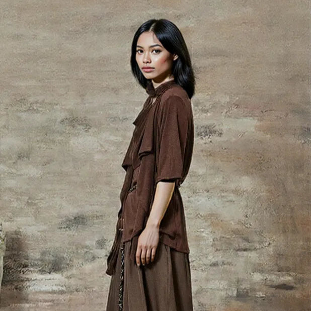 Draped Layered Split-Front Top – Relaxed Fit in Gray, Beige & Brown-SimpleModerne