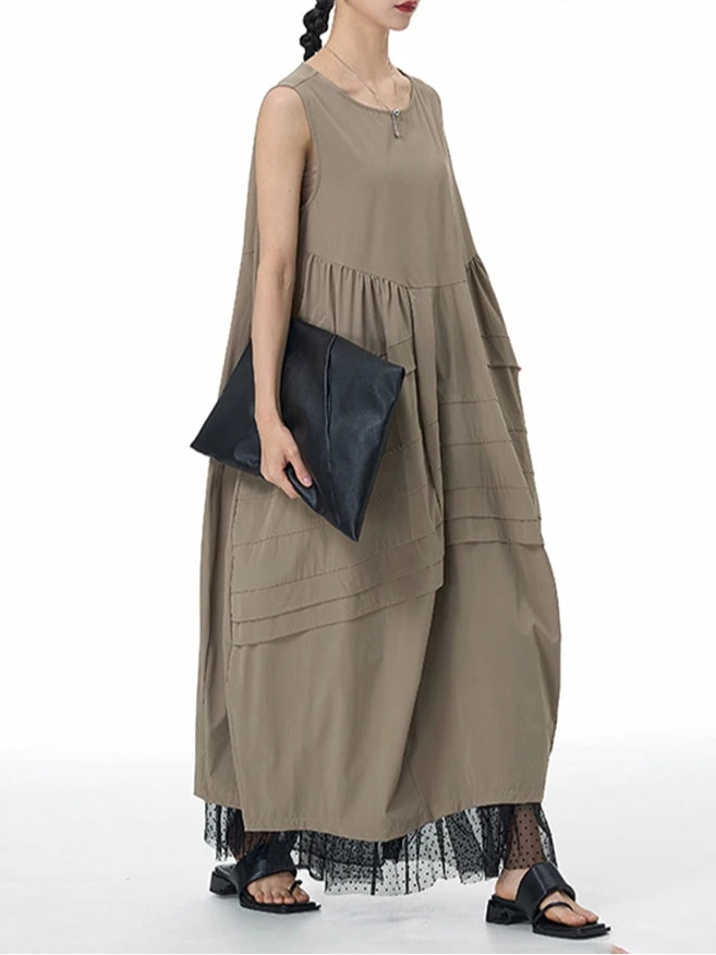 Layered Asymmetrical Sleeveless Maxi Dress – Khaki Cotton Blend | Casual Summer Style-SimpleModerne