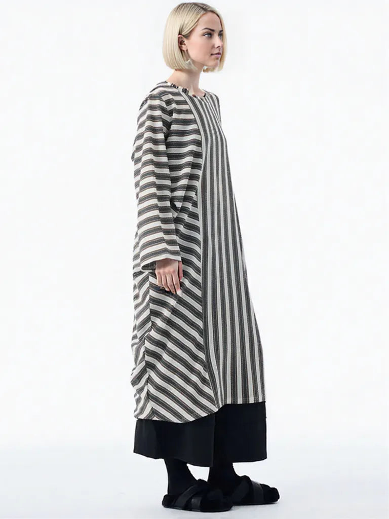 Striped Loose Pullover Midi-Maxi Dress – Coffee Brown Cotton Blend | Everyday Relaxed Fit-SimpleModerne