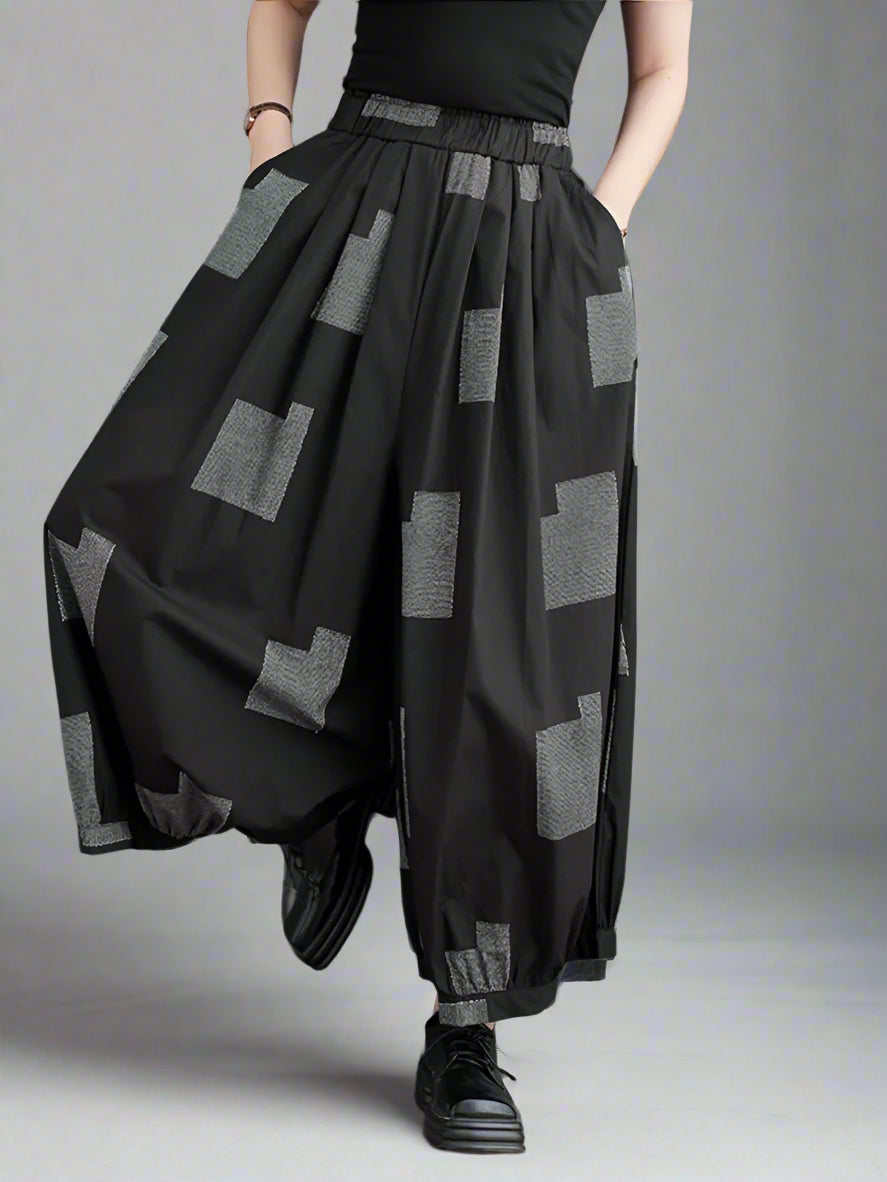 Punky Patchwork Wide-Leg Capri Pants – Cropped Statement Trousers-SimpleModerne