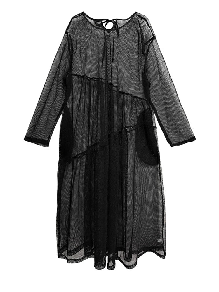 Sheer Drama Mesh Overlay Dress – Layered Elegance in Black, White & Pink-SimpleModerne