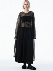 Sheer Drama Mesh Overlay Dress – Layered Elegance in Black, White & Pink-SimpleModerne