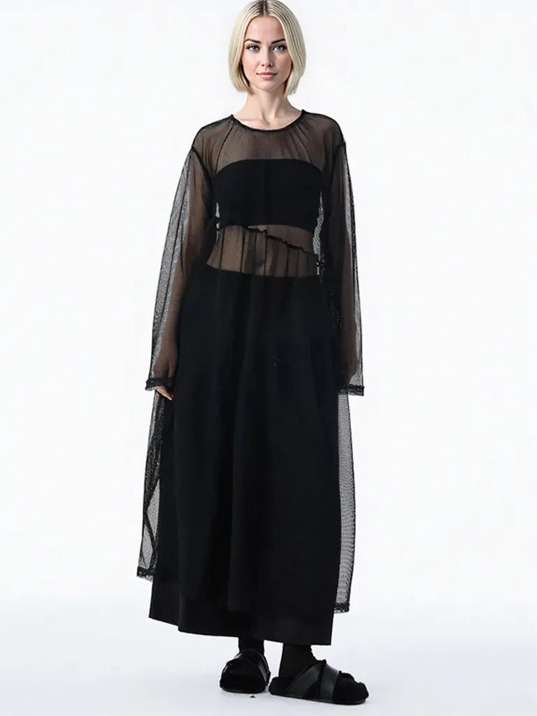 Sheer Drama Mesh Overlay Dress – Layered Elegance in Black, White & Pink-SimpleModerne