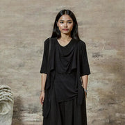 Draped Layered Split-Front Top – Relaxed Fit in Gray, Beige & Brown-SimpleModerne