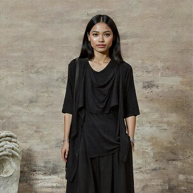 Draped Layered Split-Front Top – Relaxed Fit in Gray, Beige & Brown-SimpleModerne