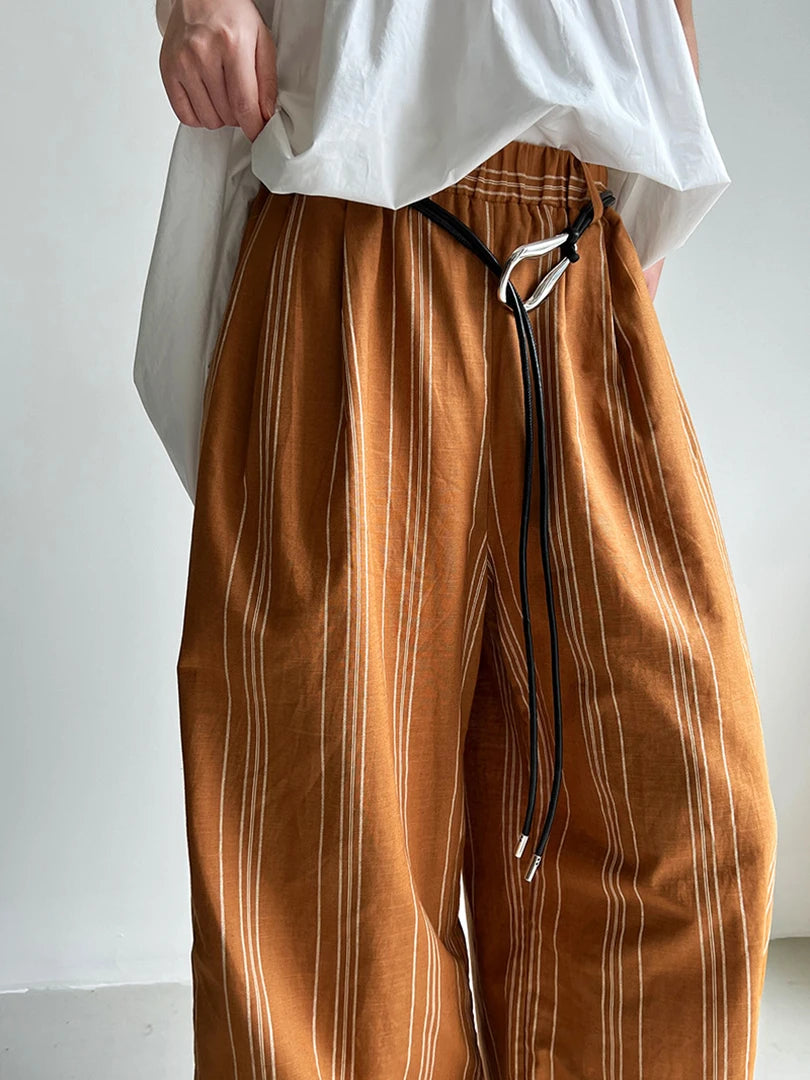 Striped Wide-Leg Belted Trousers – High Waist Relaxed Fit in Rust Brown-SimpleModerne