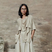 Draped Layered Split-Front Top – Relaxed Fit in Gray, Beige & Brown-SimpleModerne