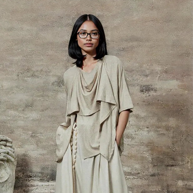 Draped Layered Split-Front Top – Relaxed Fit in Gray, Beige & Brown-SimpleModerne