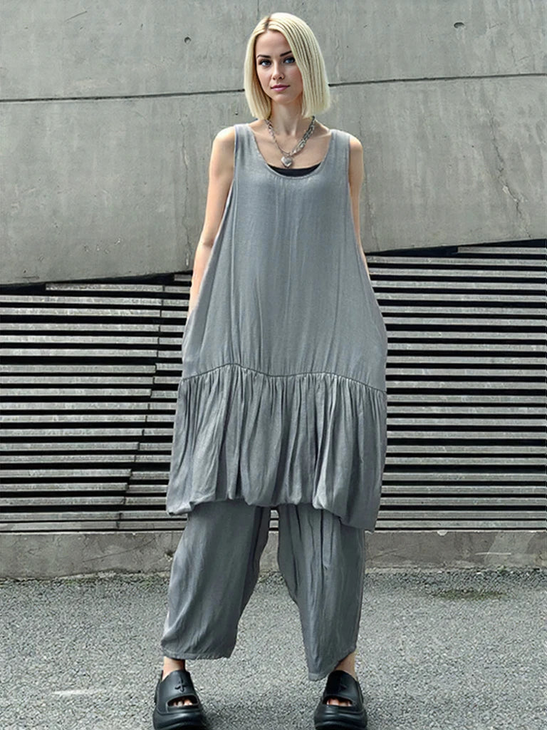 Sleeveless Layered Hem Dress – Charcoal Gray-SimpleModerne