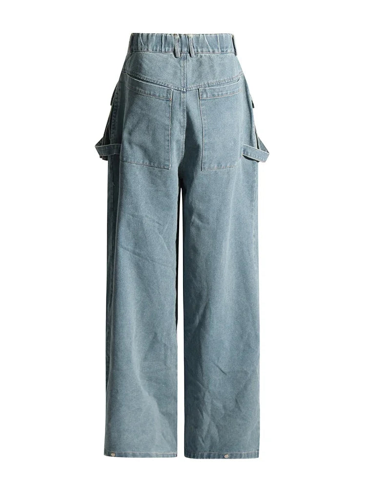 Vintage Wide-Leg Maxi Pocket Blue Jeans with Zipper Closure-SimpleModerne