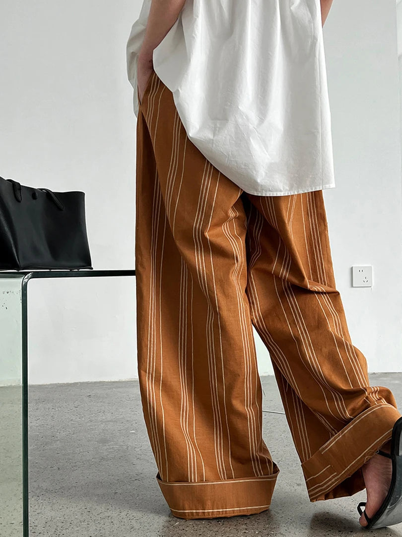 Striped Wide-Leg Belted Trousers – High Waist Relaxed Fit in Rust Brown-SimpleModerne