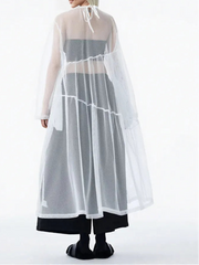 Sheer Drama Mesh Overlay Dress – Layered Elegance in Black, White & Pink-SimpleModerne