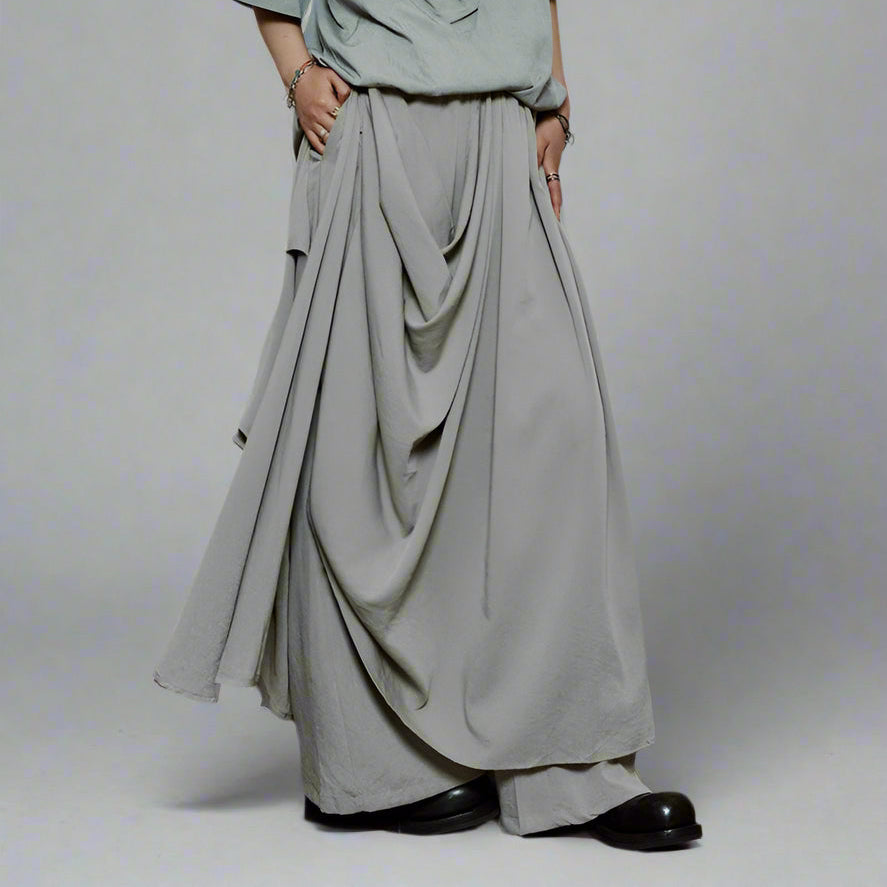 Draped Layered Wide-Leg Trousers – Soft Lightweight Fabric in Mist Grey & Black-SimpleModerne