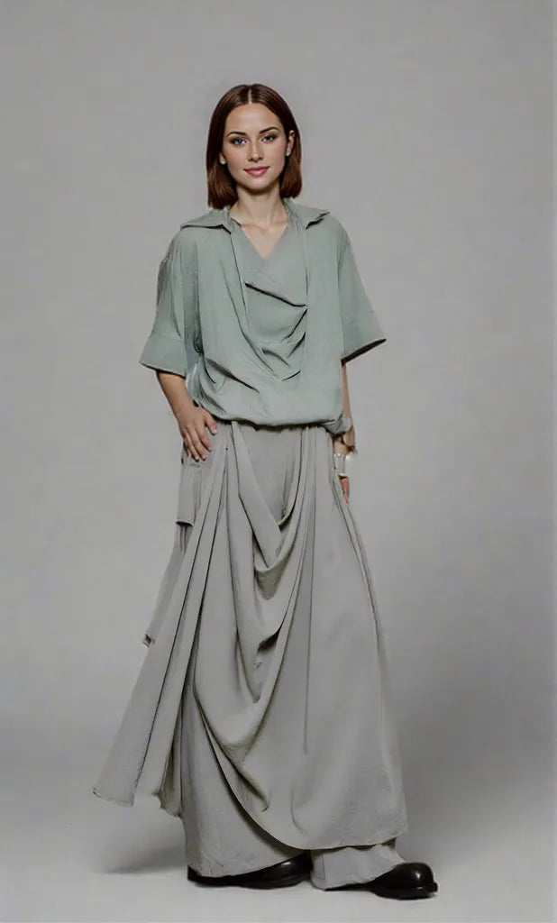 Draped Layered Wide-Leg Trousers – Soft Lightweight Fabric in Mist Grey & Black-SimpleModerne