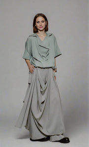 Draped Layered Wide-Leg Trousers – Soft Lightweight Fabric in Mist Grey & Black-SimpleModerne