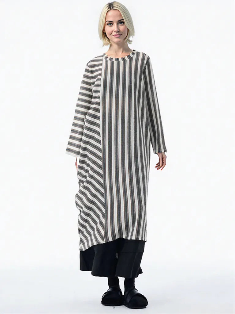 Striped Loose Pullover Midi-Maxi Dress – Coffee Brown Cotton Blend | Everyday Relaxed Fit-SimpleModerne