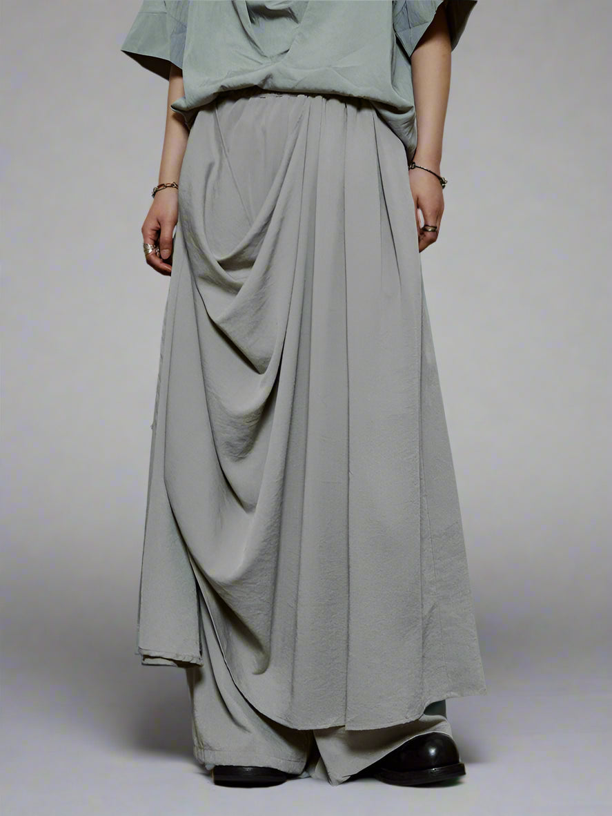 Draped Layered Wide-Leg Trousers – Soft Lightweight Fabric in Mist Grey & Black-SimpleModerne