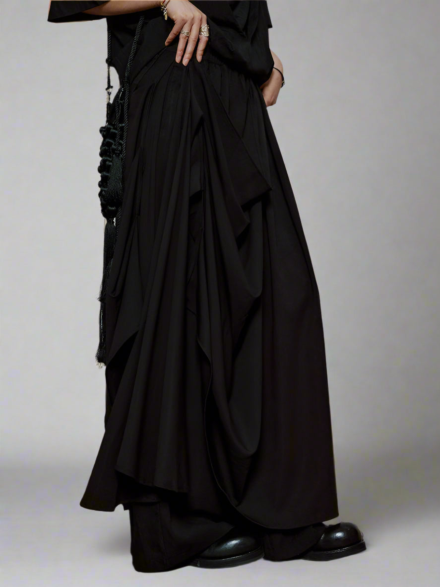 Draped Layered Wide-Leg Trousers – Soft Lightweight Fabric in Mist Grey & Black-SimpleModerne