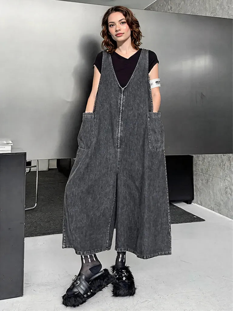 Urban Edge | Black Washed Denim Overalls with Oversized Pockets-SimpleModerne