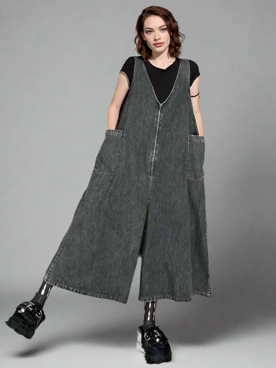 Urban Edge | Black Washed Denim Overalls with Oversized Pockets-SimpleModerne