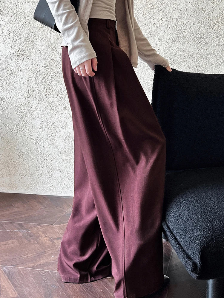 Sculpted Drape Wide-Leg Trousers – Gray or Wine Red-SimpleModerne