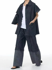 Color Block Wide-Leg Denim Trousers – Relaxed, Two-Tone Edge-SimpleModerne