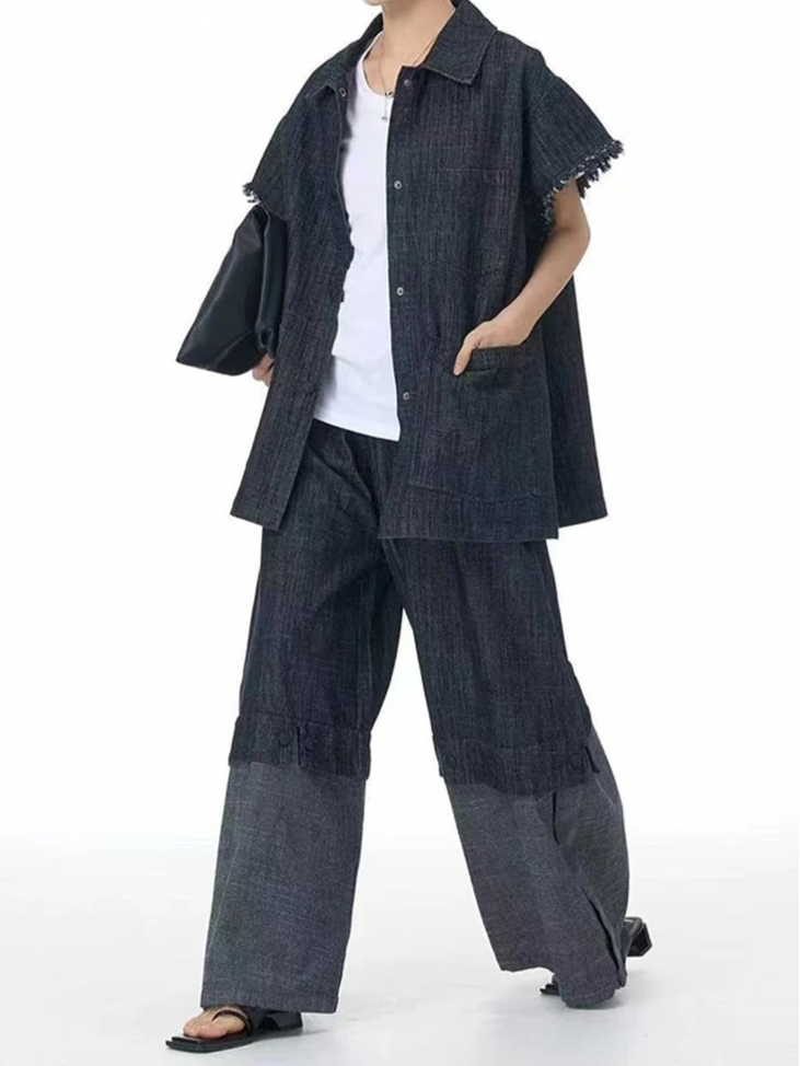 Color Block Wide-Leg Denim Trousers – Relaxed, Two-Tone Edge-SimpleModerne