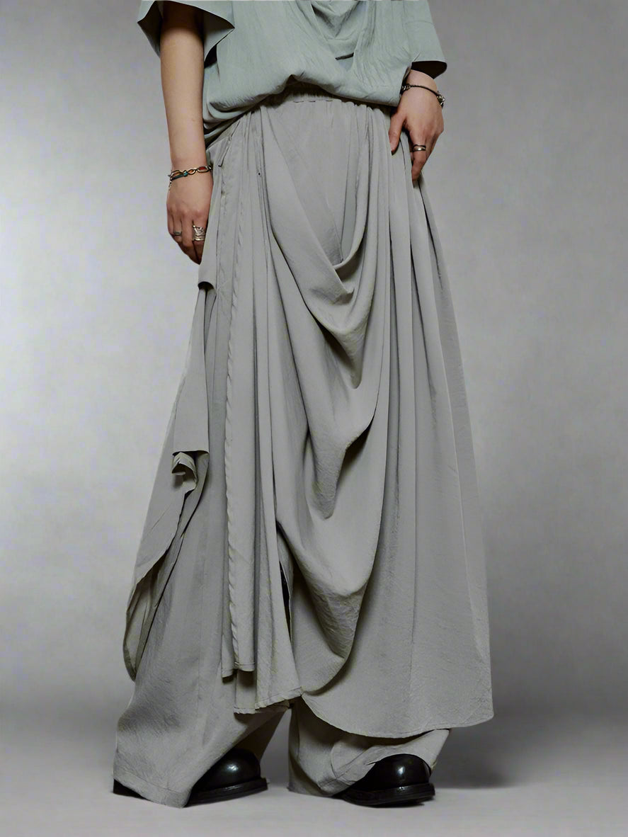 Draped Layered Wide-Leg Trousers – Soft Lightweight Fabric in Mist Grey & Black-SimpleModerne