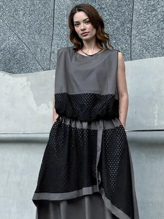 Layered Contrast Tank – Mesh Drama in Charcoal Gray-SimpleModerne