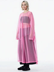 Sheer Drama Mesh Overlay Dress – Layered Elegance in Black, White & Pink-SimpleModerne