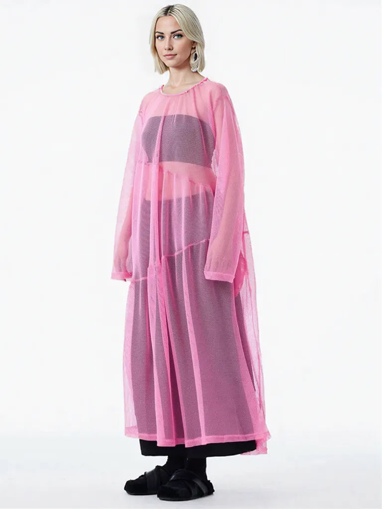 Sheer Drama Mesh Overlay Dress – Layered Elegance in Black, White & Pink-SimpleModerne