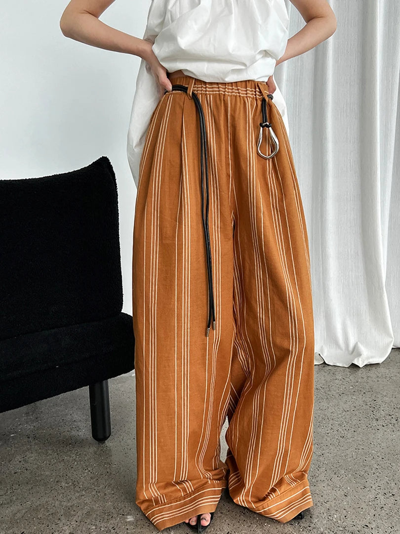 Striped Wide-Leg Belted Trousers – High Waist Relaxed Fit in Rust Brown-SimpleModerne