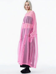 Sheer Drama Mesh Overlay Dress – Layered Elegance in Black, White & Pink-SimpleModerne