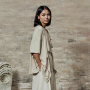 Draped Layered Split-Front Top – Relaxed Fit in Gray, Beige & Brown-SimpleModerne