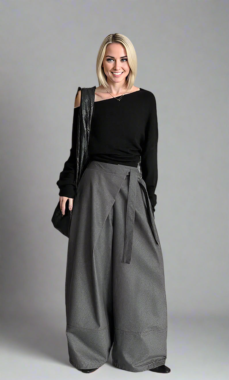 Architectural Wide-Leg Wrap Trousers – Modern Minimalist Design in Grey or Blue-SimpleModerne