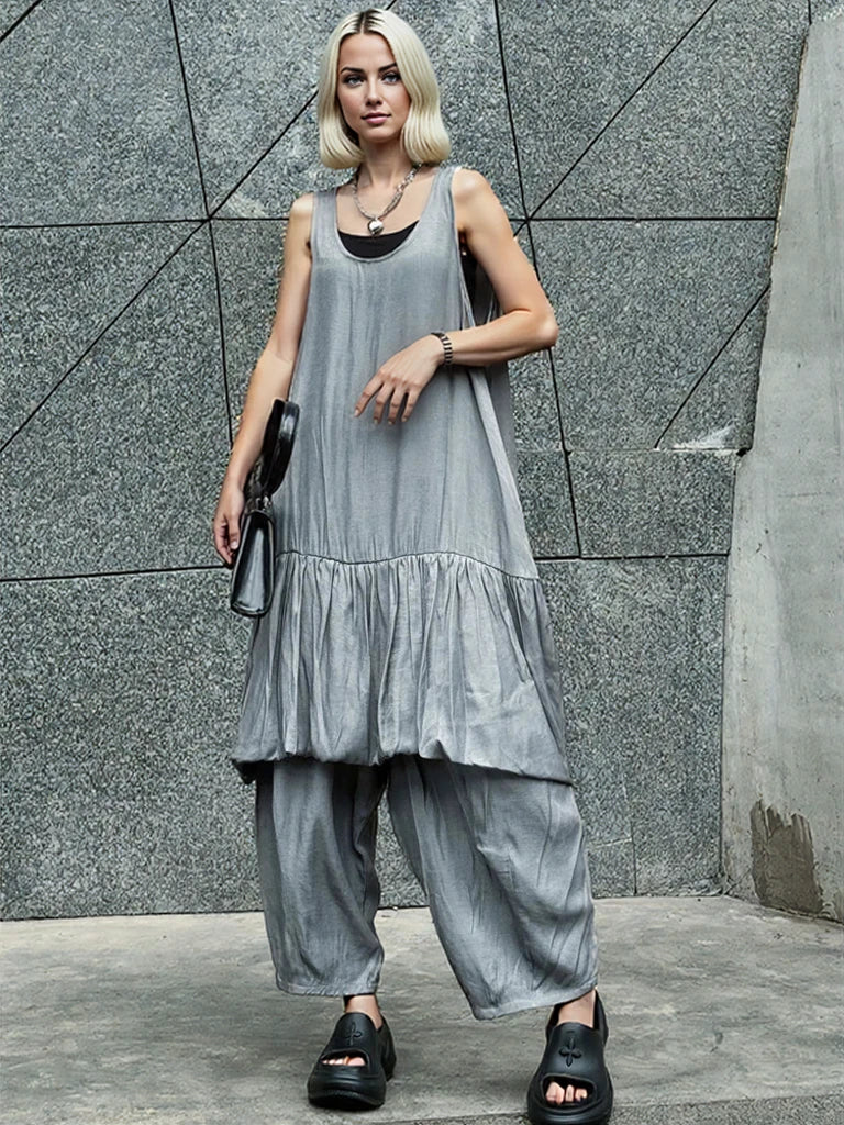 Sleeveless Layered Hem Dress – Charcoal Gray-SimpleModerne
