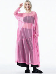 Sheer Drama Mesh Overlay Dress – Layered Elegance in Black, White & Pink-SimpleModerne