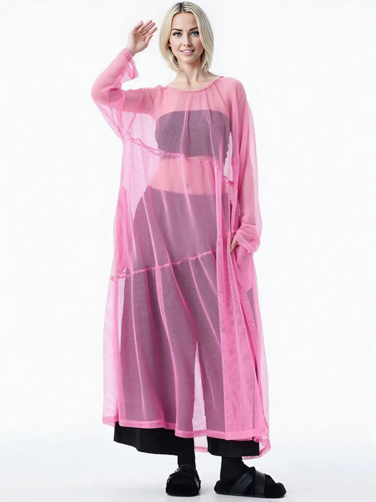 Sheer Drama Mesh Overlay Dress – Layered Elegance in Black, White & Pink-SimpleModerne