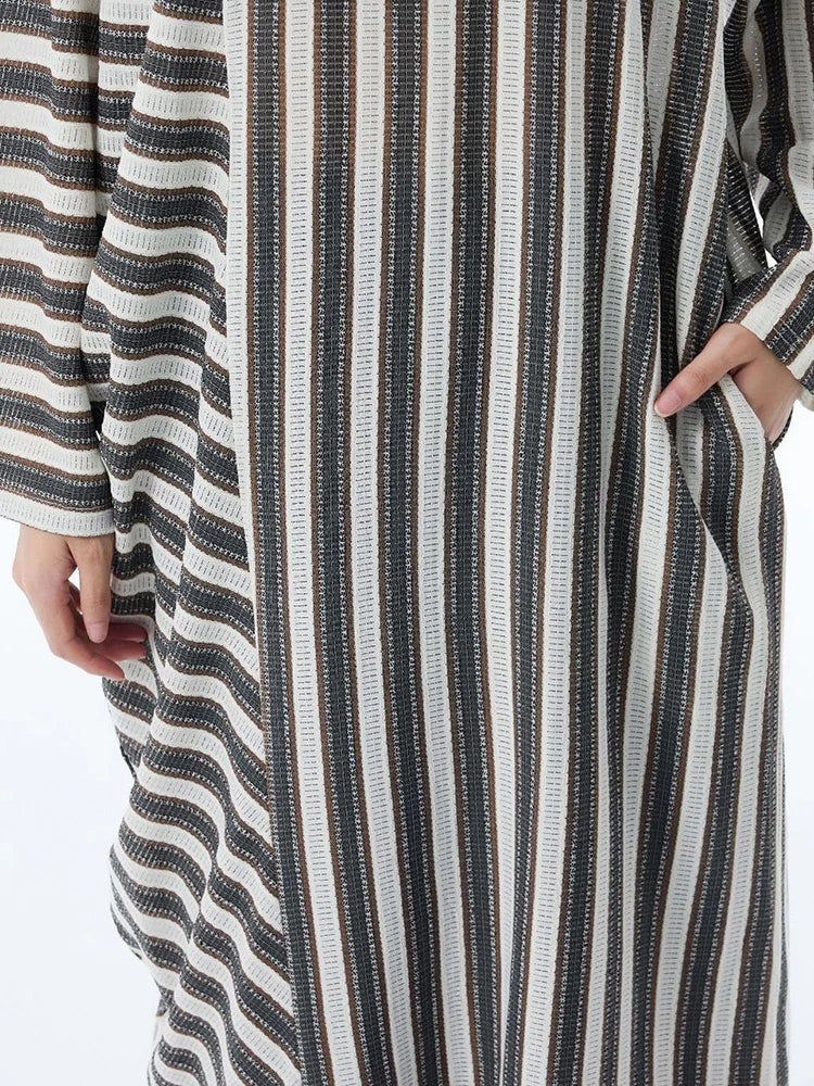 Striped Loose Pullover Midi-Maxi Dress – Coffee Brown Cotton Blend | Everyday Relaxed Fit-SimpleModerne
