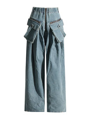 Vintage Wide-Leg Maxi Pocket Blue Jeans with Zipper Closure-SimpleModerne