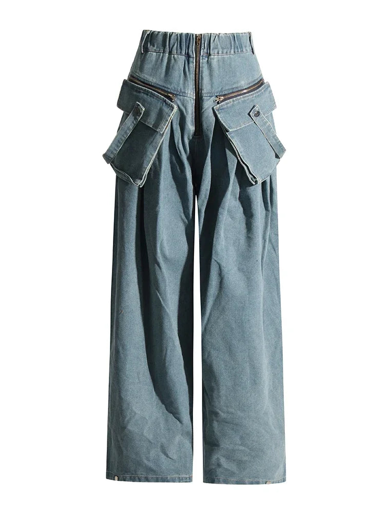 Vintage Wide-Leg Maxi Pocket Blue Jeans with Zipper Closure-SimpleModerne