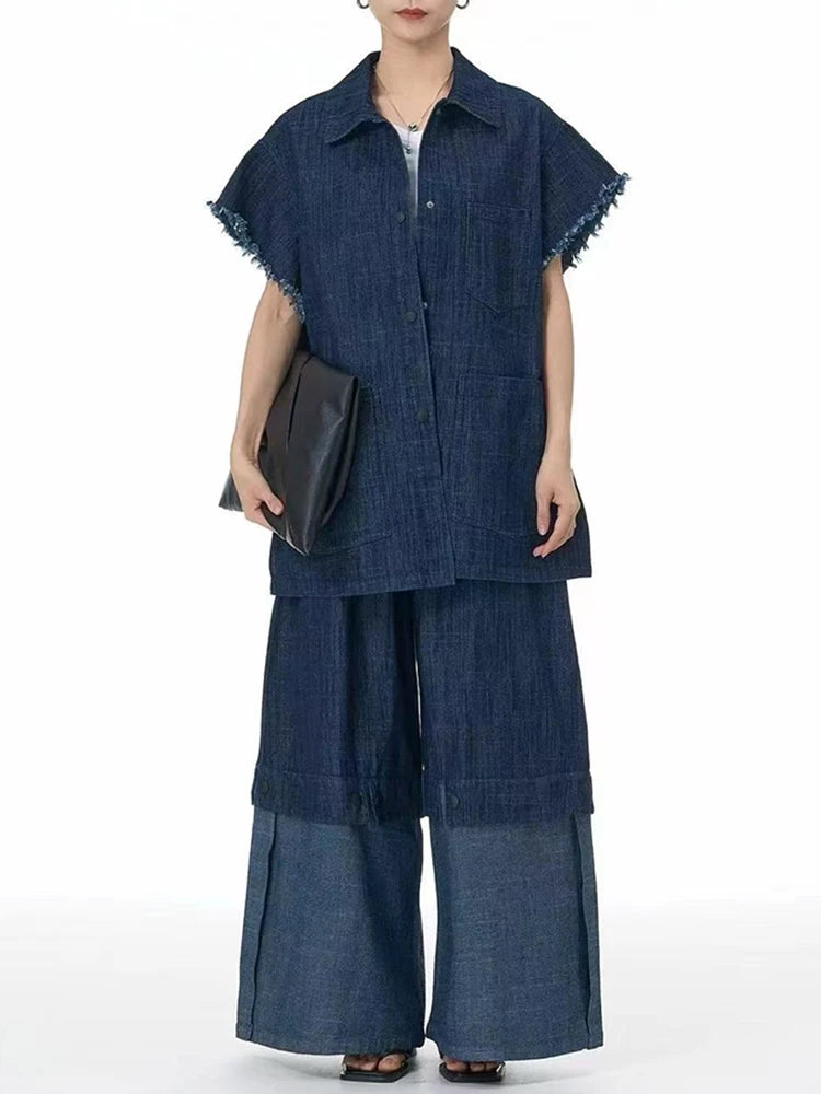 Color Block Wide-Leg Denim Trousers – Relaxed, Two-Tone Edge-SimpleModerne