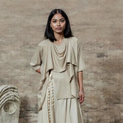 Draped Layered Split-Front Top – Relaxed Fit in Gray, Beige & Brown-SimpleModerne